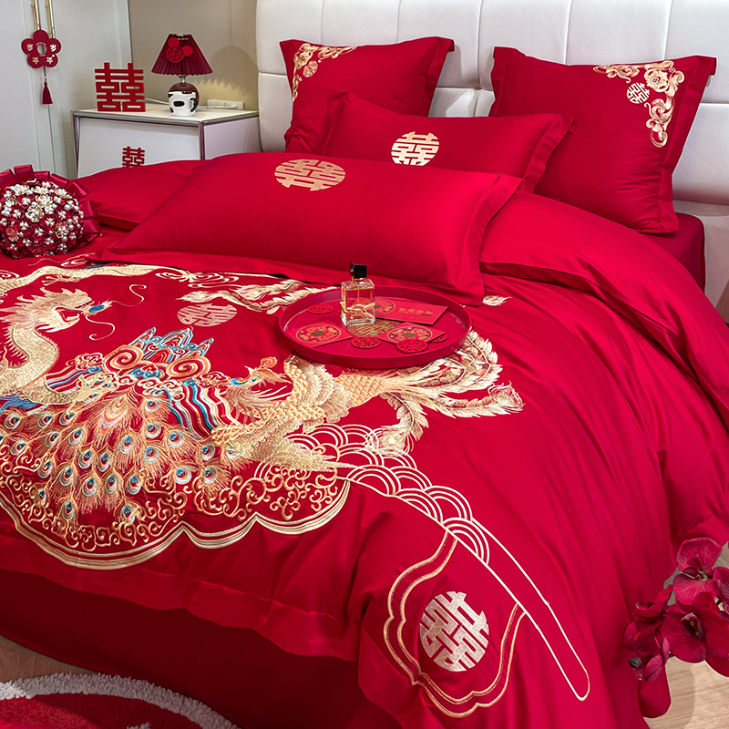 新中式100支婚庆四件套大红色喜被龙凤刺绣被套新婚结婚床上用品4