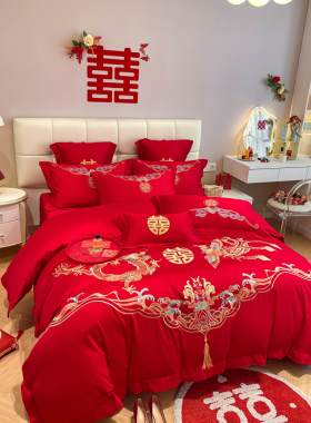 高档中式婚庆四件套大红色龙凤刺绣被套纯棉喜被陪嫁结婚床上用品