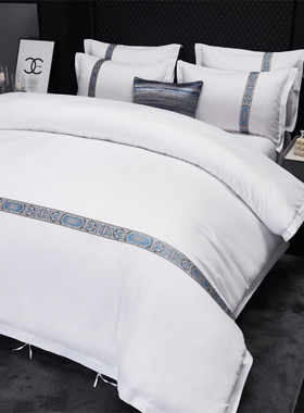 酒店床上用品四件套纯白色镶边款宾馆标间床单被套三件套民宿床品