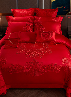 140s支全棉婚庆四件套刺绣婚房床上用品大红色喜被子结婚六十件套