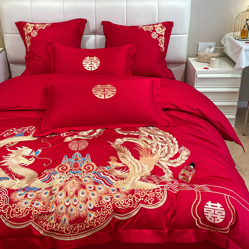 床上用品婚庆四件套大红结婚新婚被套床I单被子4件套双人中式刺绣