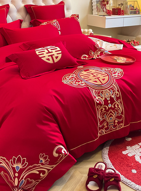 高档中式龙凤刺绣大红色婚庆四件套纯棉六件床单被套床上用品床笠
