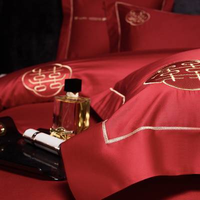 简约中国红喜庆结婚四件套婚礼备婚刺绣床单被套现代婚房床上用品