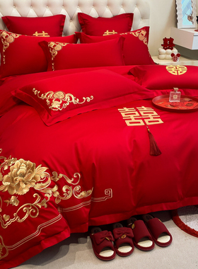 中式全棉婚庆刺绣被套四件套结婚大红高档新婚高级感婚嫁床上用品