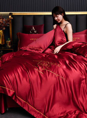 婚庆冰丝四件套酒红色夏天丝滑被套床单结婚薄款被罩床笠床上用品