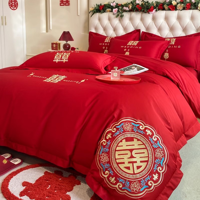 高档中式结婚四件套大红色新婚床单被套纯棉婚庆床上用品婚房喜被
