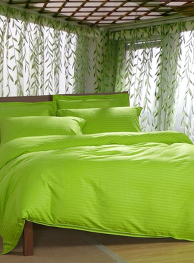 绿色床上用品四件套纯棉全棉贡缎夏季床单被罩床品果绿加密纯色60