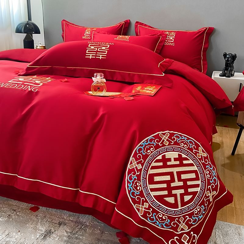 高档中式刺绣全棉婚庆四件套大红色床单纯棉被套陪嫁结婚床上用品