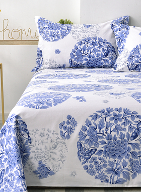 纯棉老粗布床单新中式帆布单人睡单四季布被单单件青花瓷床上用品