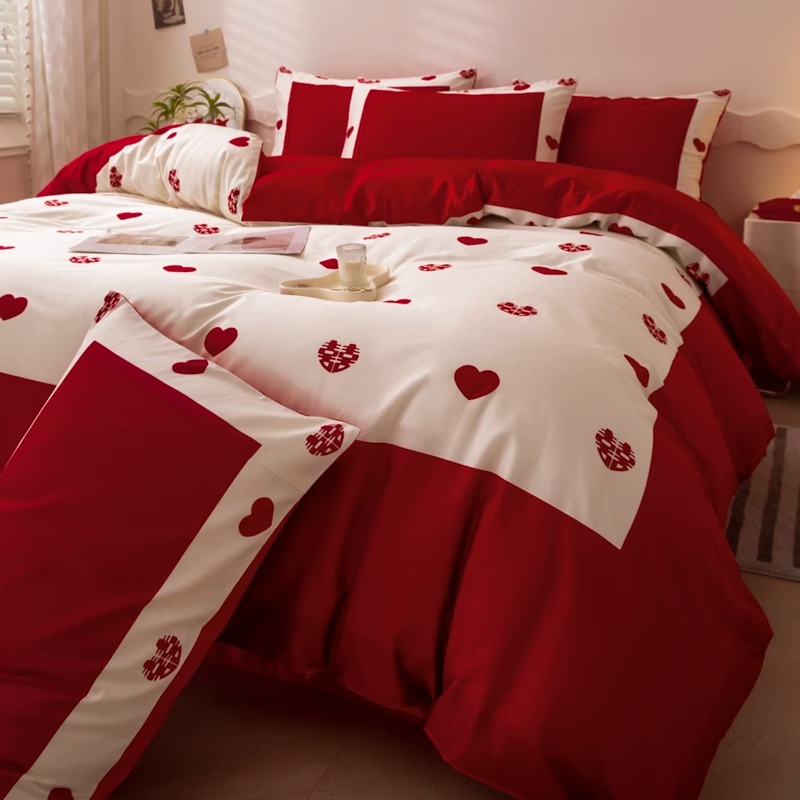 简约爱心结婚四件套大红色床单被套全棉纯棉高档婚庆床上用品婚房