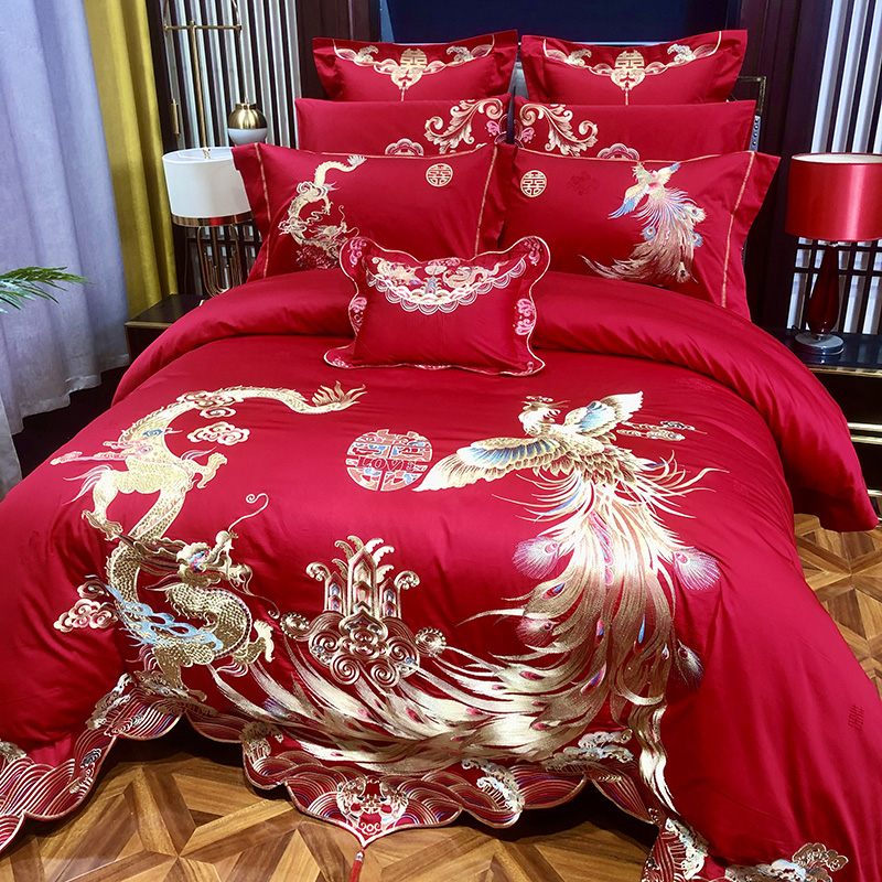 红色床单结婚十件套大红婚庆四件套床上用品龙凤被套刺绣婚嫁床品