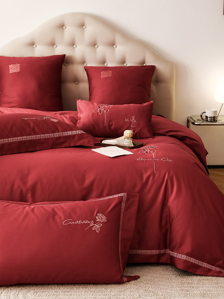 浪漫婚庆100支全棉四件套玫瑰刺绣纯棉结婚被套床单红色床上用品
