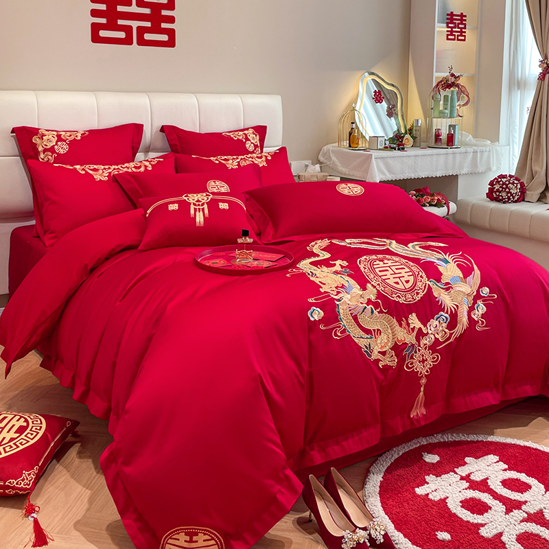 中式龙凤结婚四件套纯棉全棉大红被套床单六件套婚庆床上用品婚房