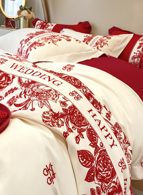 新中式结婚四件套印花轻奢高级感大红色被套纯棉婚庆陪嫁床上用品