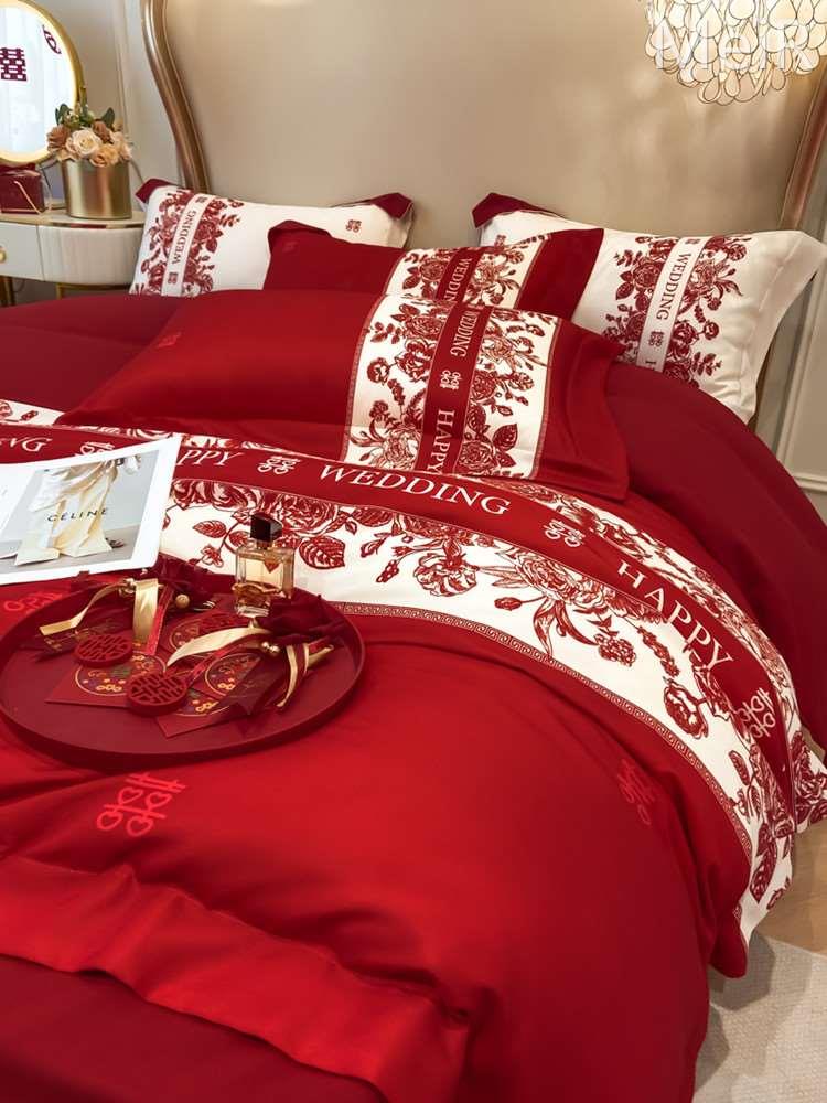 高档简约婚庆四件套纯棉大红色床单被套全棉结婚床上用品新婚喜被