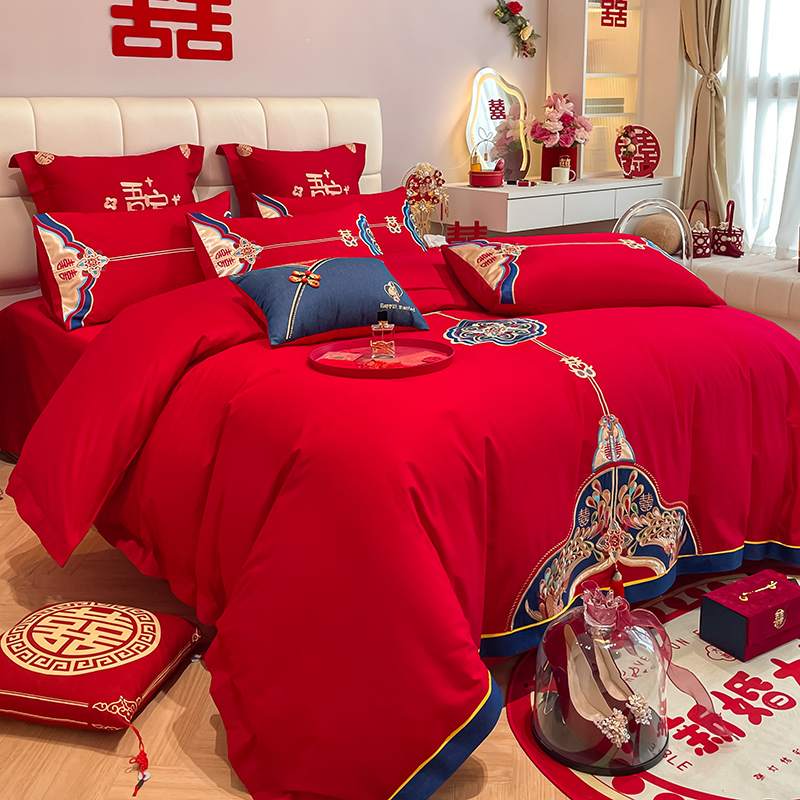 高档结婚中式刺绣纯棉婚庆四件套床上用品大红色床单被套全棉陪嫁