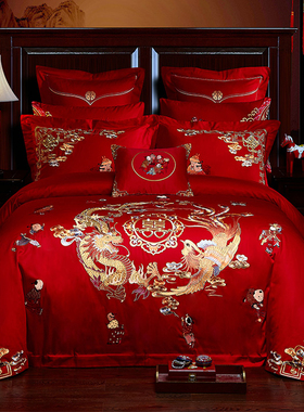 新婚庆四件套大红色全棉刺绣结婚床品纯棉绣花床上用品六八十件套