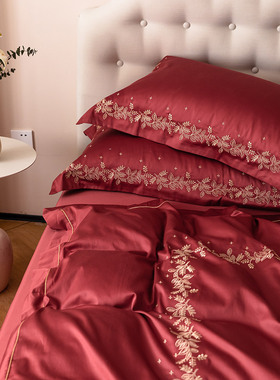 高端欧式风浪漫婚庆100支全棉四件套大红色刺绣结婚被套床上用品