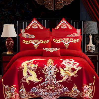 婚庆四件套大红刺绣结婚新婚床品中式龙凤被套床上用品六八十件套