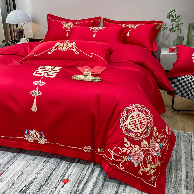 高档奢华中式刺绣全棉婚庆四件套大红色床单被套纯棉结婚床上用品