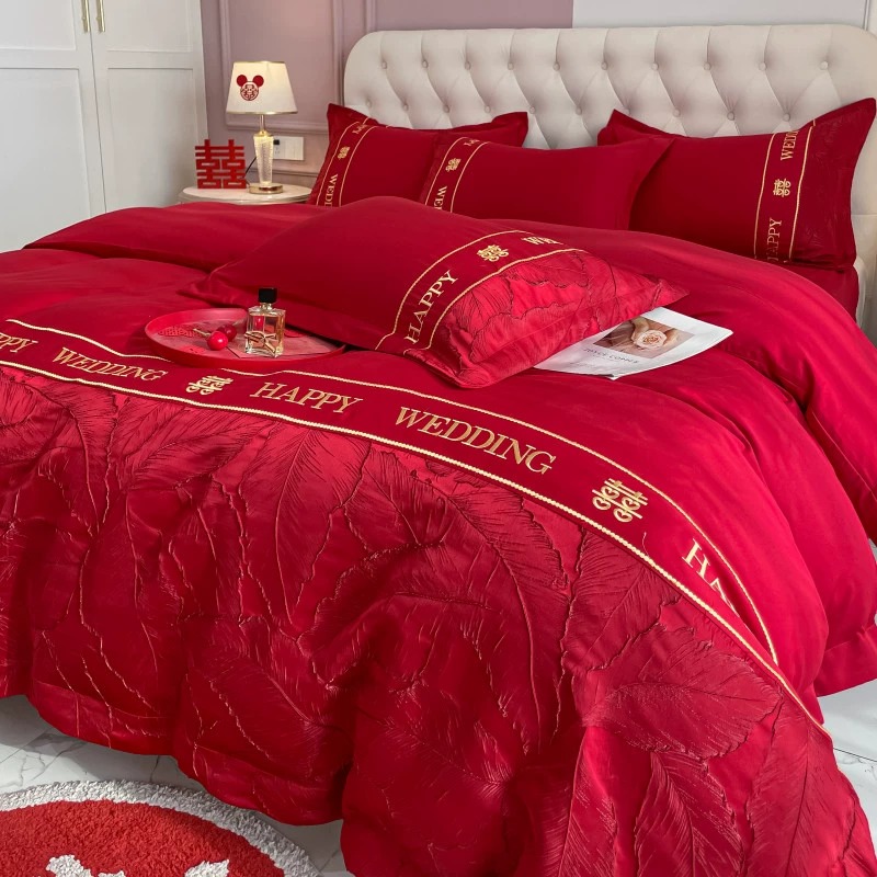 高档简约中式结婚四件套红色床单被套全棉纯棉新婚庆床上用品婚房