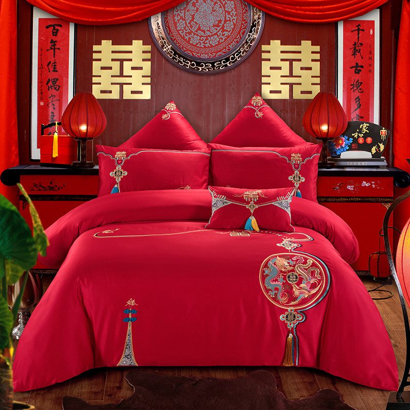 婚庆四件套大红全棉结婚房喜被纯棉4六十件套刺绣新婚礼床上用品