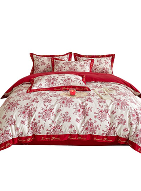 高档奢华婚庆g四件套纯棉大红床单被套新婚红色全棉结婚床上用品