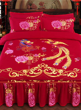 纯棉婚庆龙凤大红床裙四件套中式新婚陪嫁全棉床罩被套床上用品