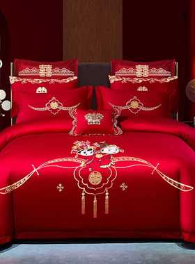 新款缦帛结婚四件套婚床上用品大红色新婚婚庆床品六件套刺绣婚嫁