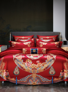 中式婚庆四件套140支长绒棉十件套全棉纯棉大红床上用品富贵花开