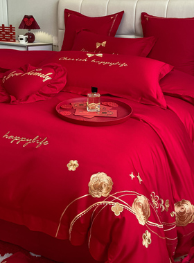 新中式100支婚庆四件套红色被套纯棉床单全棉新婚嫁结婚床上用品4