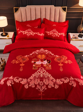 婚庆纯棉四件套结婚床单被套喜被卡通全棉大红色新婚喜庆床上用品