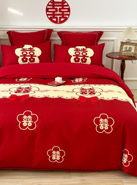 简约婚庆四件套大红色红花喜被罩床单笠新结婚房嫁礼床上用品中式