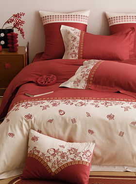 高级感婚庆喜被100S长绒棉床单四件套纯棉结婚大红色浪漫床上用品