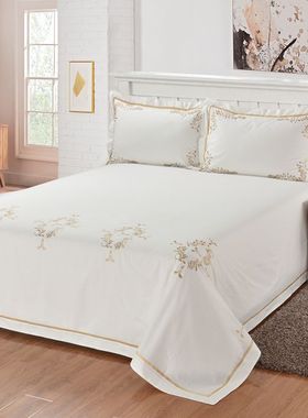 外贸全棉纯棉绣花刺绣米白色欧式简约1.5m1.8m床上用品床单三件套