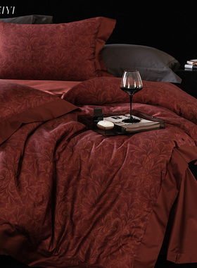 高档大红色床单四件套全棉纯棉被套罩轻奢高级感印花结婚床上用品