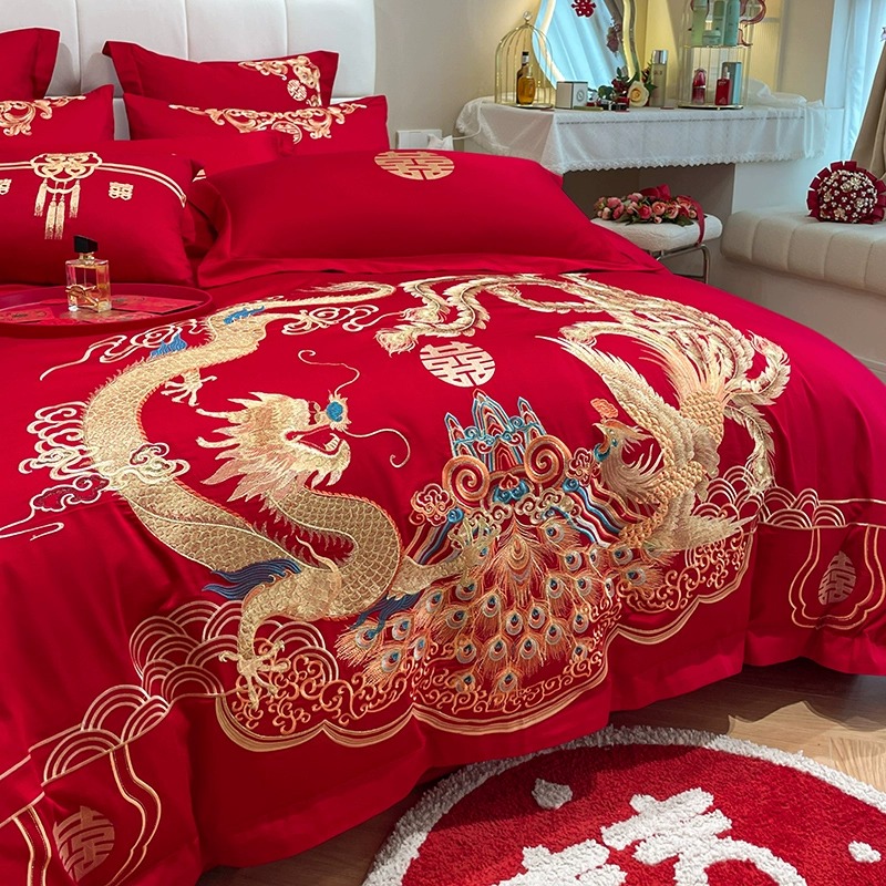 高档中式婚庆四件套大红色龙凤刺绣被套纯棉新婚结婚床上用品婚房