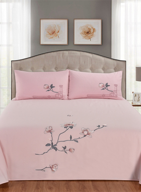 外贸出口粉色纯棉绣花床单单件枕套100全棉睡单单件刺绣床上用品