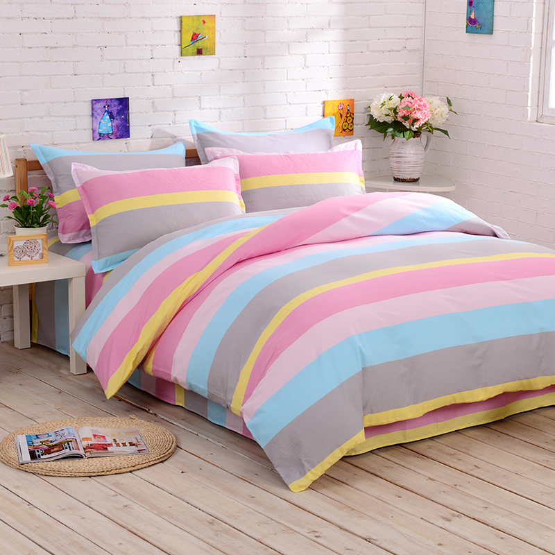 包邮热卖彩虹条纹床单温馨床笠枕套被单被套床上用品纯棉三四件套