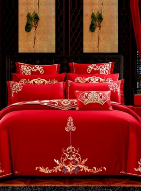 中式婚庆四件套结婚高档大红刺绣高档床单被套多件套喜庆床上用品