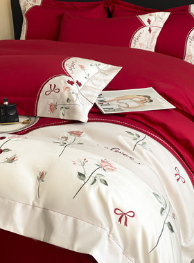 高档长绒棉结婚四件套大红色床单被套纯棉新婚庆床上用品婚房喜被