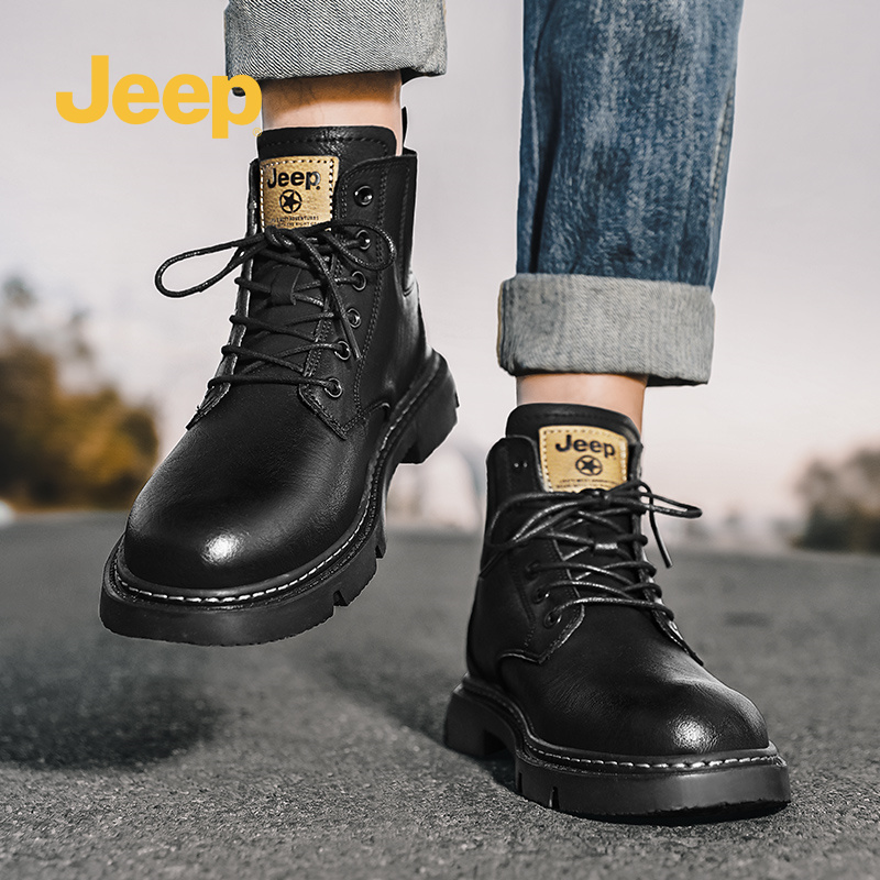 jeep吉普马丁靴男款高帮冬季加绒英伦休闲黑色男士工装靴中帮靴子