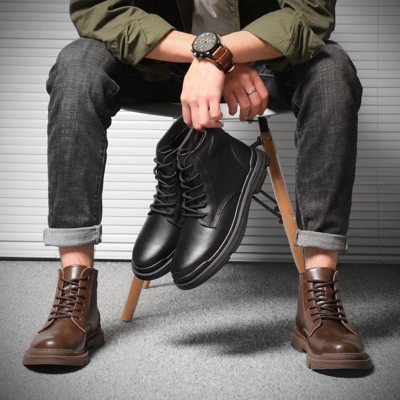 男鞋2021新款冬季潮流马丁靴男士英伦风真皮高帮加绒保暖工装靴子