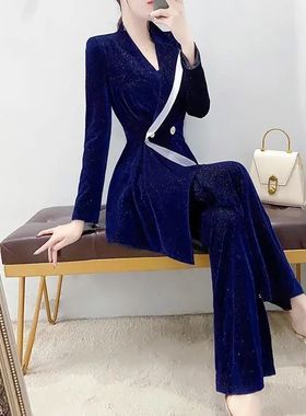 蓝色金丝绒西装套装女春秋季高端气质时尚西服两件套洋气时髦裤装