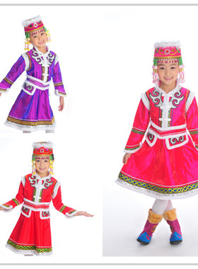 2017新款蒙古族女童裙蒙古舞蹈演出服儿童冬季女孩蒙古袍生活装