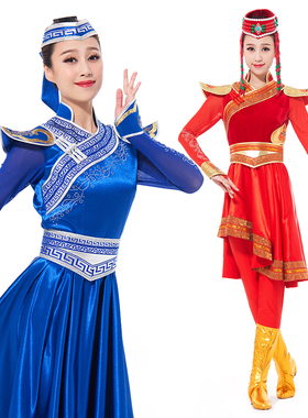 新款蒙古舞蹈演出服装女套装高端蒙古盛装蓝色内蒙舞台大摆裙定制