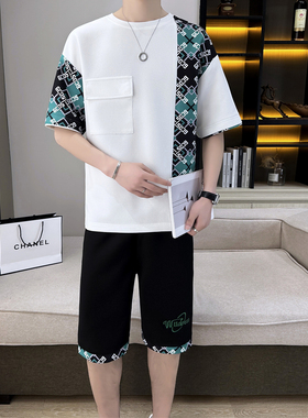 利郎夏季华夫格冰丝短袖t恤男休闲套装男装一套搭配韩版帅气半袖