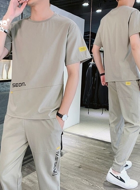 啄木鸟夏季短袖冰丝套装男装一套搭配痞帅气潮韩版男士休闲T恤