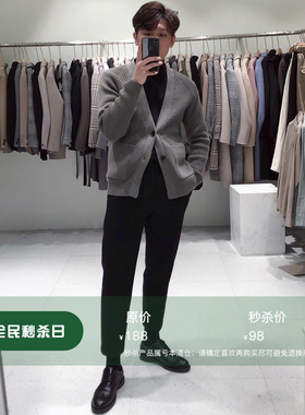 韩国新款纯色针织开衫加厚毛衣男士韩版潮流帅气英伦冬季毛衣外套
