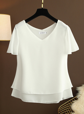 夏季短袖新款韩版V领女装上衣大码t恤宽松遮肚子洋气雪纺气质小衫